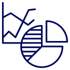 Two line graphs and a pie chart outline in blue on a black background.