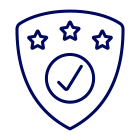 Blue outline of a shield with three stars at the top and a checkmark in a circle in the center.