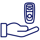 Blue outline of a hand receiving a smartphone on a black background.