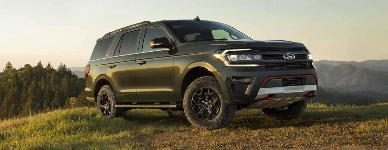 "Ford SUV parked on a grassy hill with a scenic mountain backdrop."